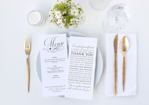wedding menu thank you card