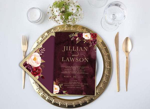 Marsala burgundy and gold coloured water colour flower bouquet wreath