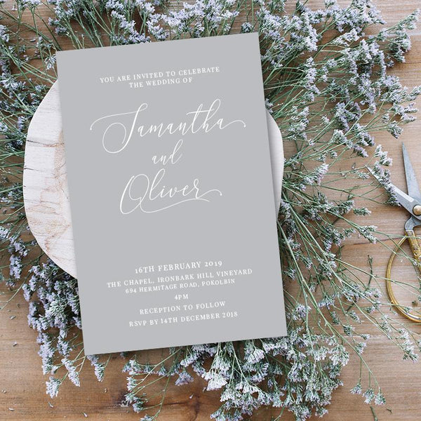 slinky stylish grey and white wedding invitation