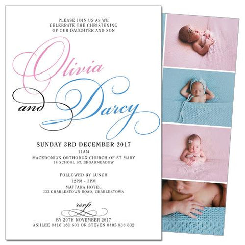 blue and pink twins christening invitation