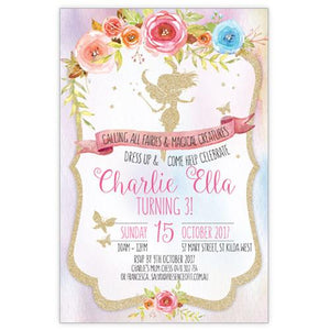gold glitter fairy 3year old birthday invitation