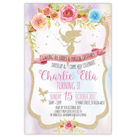 gold glitter fairy 3year old birthday invitation