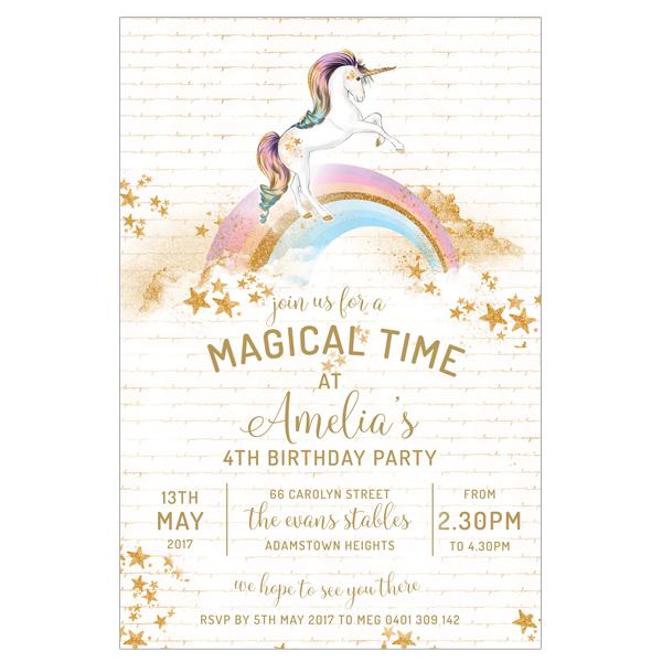 gold glitter magical, rainbow unicorn birthday invitation