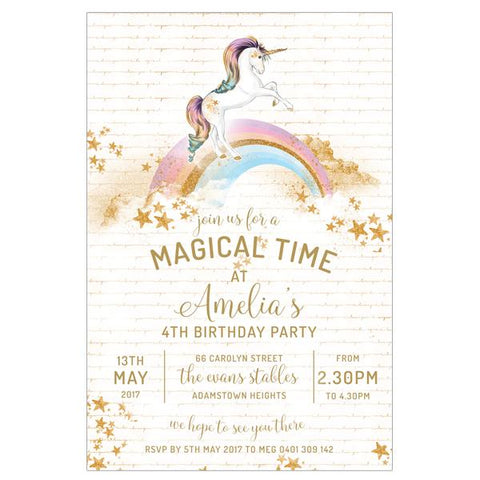 gold glitter magical, rainbow unicorn birthday invitation