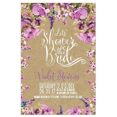 watercolour purple flower bridal shower invitation