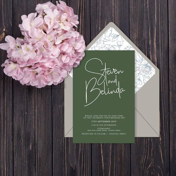 green wedding invitation white ink printing