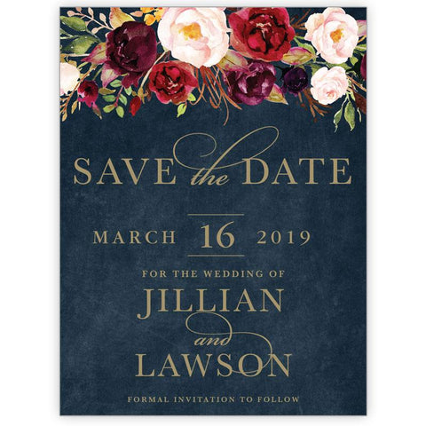 Marsala and gold coloured water colour flower bouquet save the date card