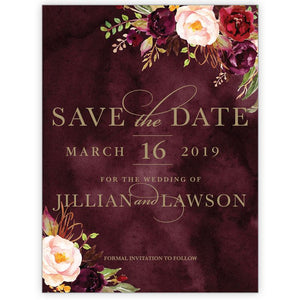 Marsala and gold coloured water colour flower bouquet save the date card