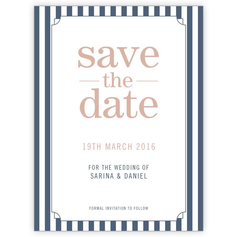 Classic save the date card with vertical blue & white stripes.