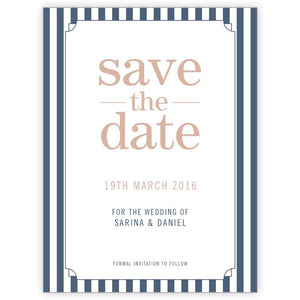 Classic save the date card with vertical blue & white stripes.