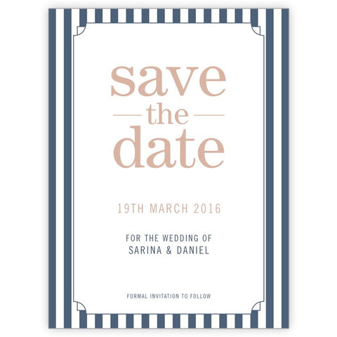 Classic save the date card with vertical blue & white stripes.