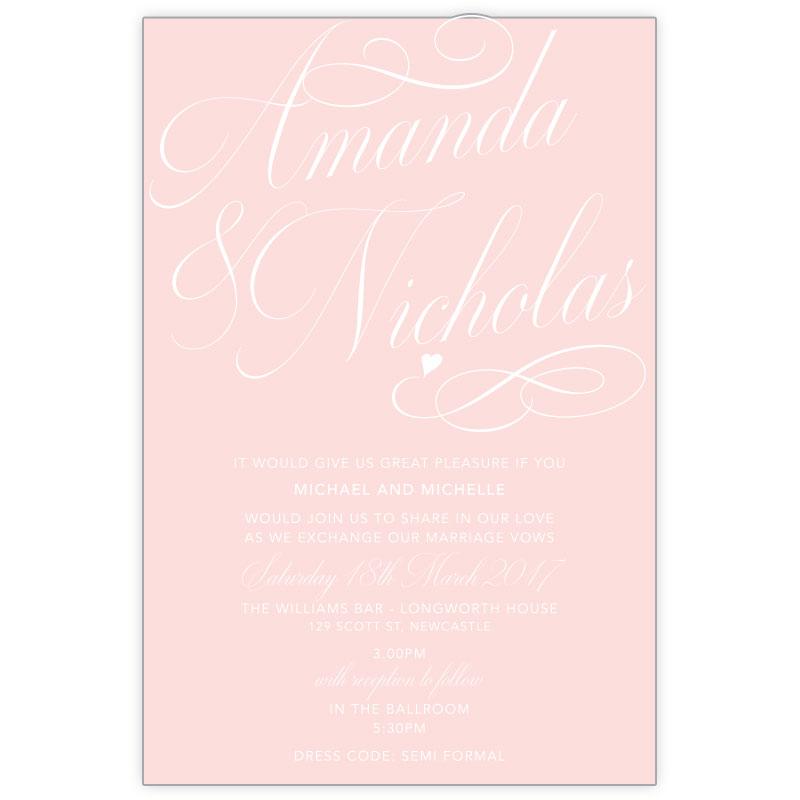 Classic swirl blush wedding invitation features small heart.