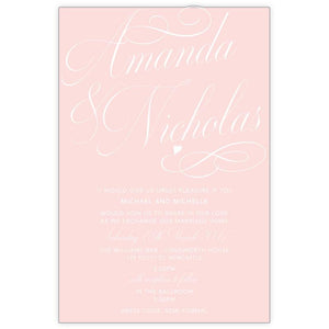 Classic swirl blush wedding invitation features small heart.