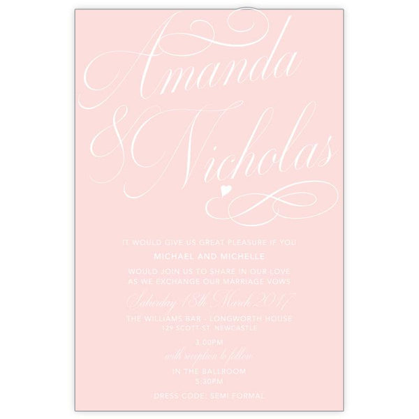 Classic swirl blush wedding invitation features small heart.