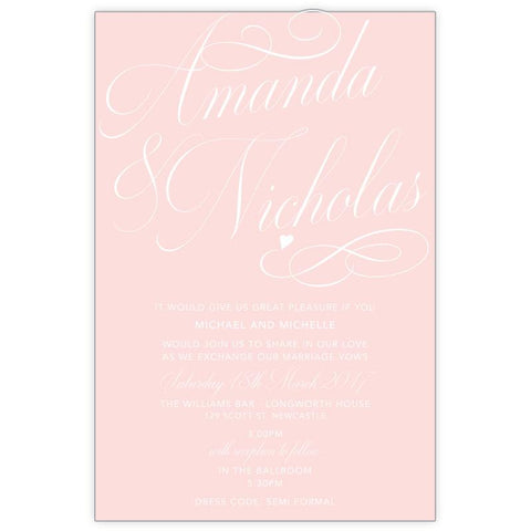 Classic swirl blush wedding invitation features small heart.