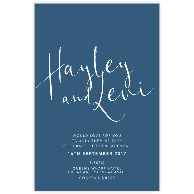 China blue scripted wedding invitation in white ink printing