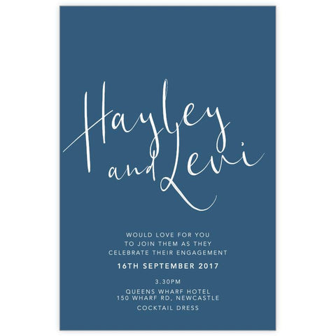 China blue scripted wedding invitation in white ink printing