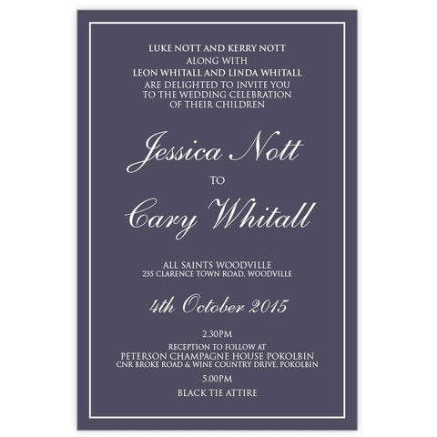 classic mulberry wedding invitation with white ink printing