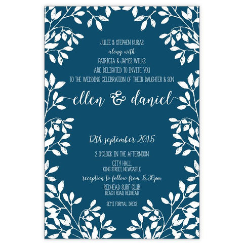 Rustic wedding invitation with leaf border printed in white ink