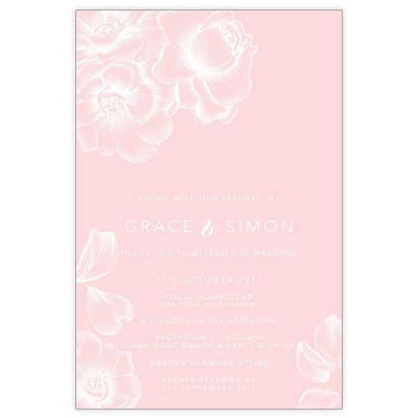 Elegant floral blush pink and white wedding invitation