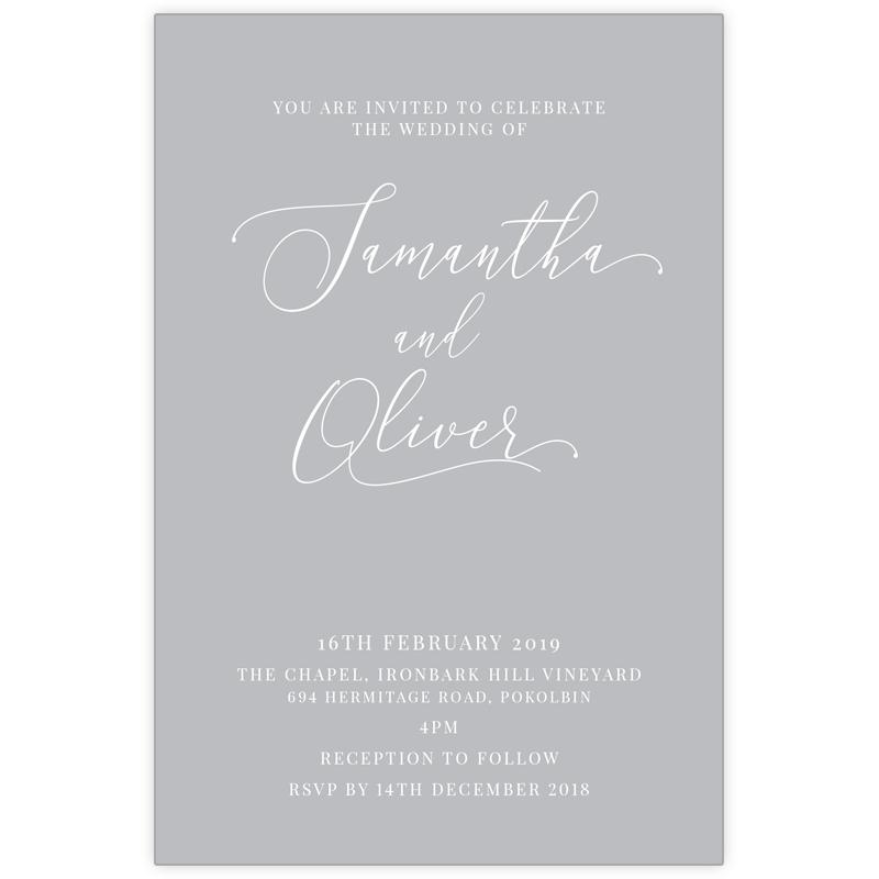 slinky stylish grey and white wedding invitation