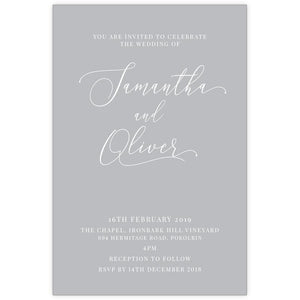 slinky stylish grey and white wedding invitation