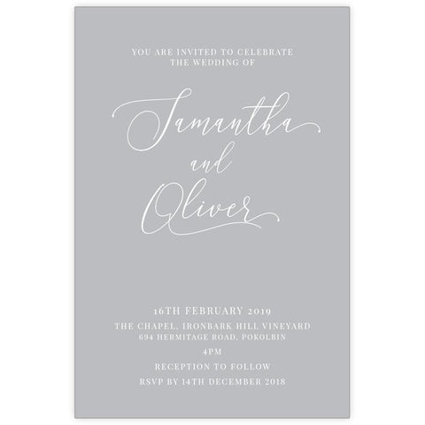 slinky stylish grey and white wedding invitation