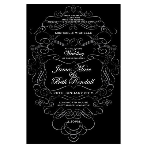 Classic swirl wedding invitation design white ink printing