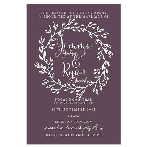 rustic wreath wedding invitation printed in white ink