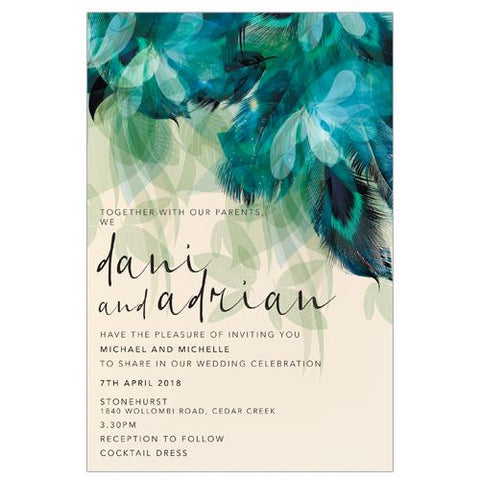 Featuring peacock feathers Wedding invitation 