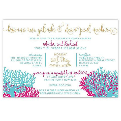 Watercolour coral wedding invitation design.