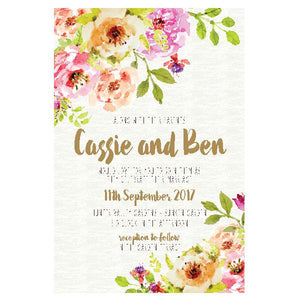 Watercolour wedding invitation design with floral wreath.
