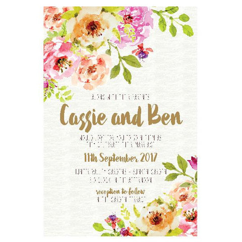 Watercolour wedding invitation design with floral wreath.