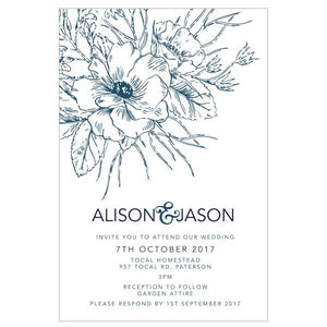 Wedding invitation Design featuring navy wild rose flowers